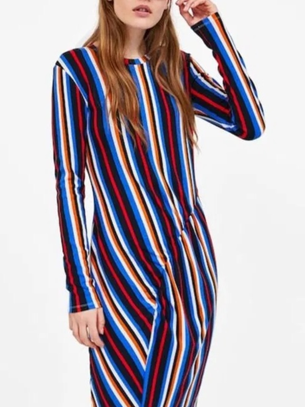 ZARA Art Deco Stripe Ribbed Twist Midi Dress Size M